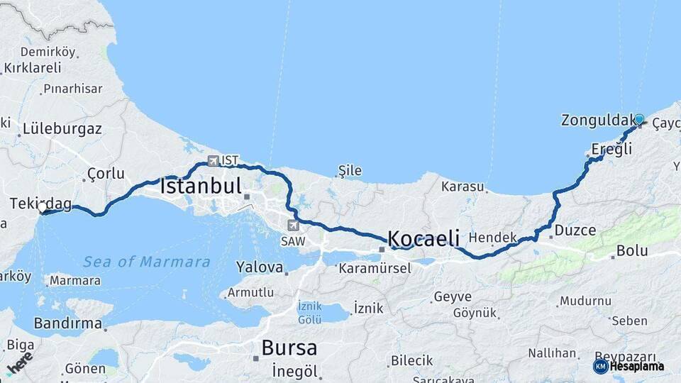 Zonguldak Tekirdağ Arası Kaç Km - Yol Haritası