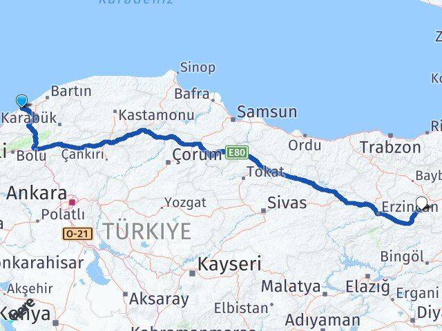 Zonguldak Tercan Erzincan Arası Kaç Km - Yol Haritası