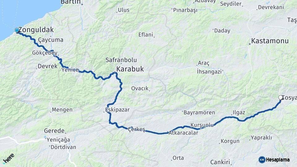 Zonguldak Tosya Kastamonu Arası Kaç Km - Yol Haritası