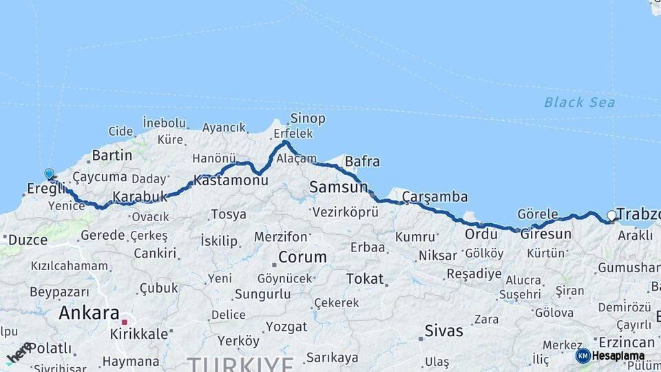 Zonguldak Trabzon Arası Kaç Km - Yol Haritası