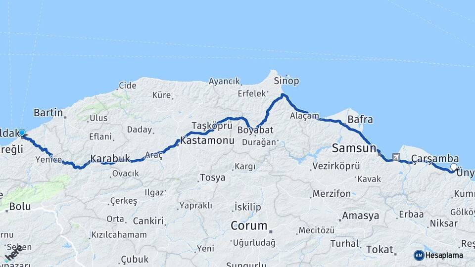 Zonguldak Ünye Ordu Arası Kaç Km - Yol Haritası