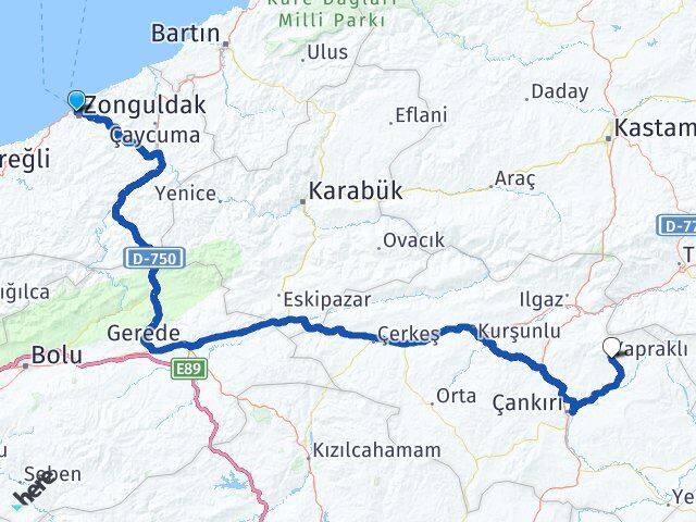 Zonguldak Yapraklı Çankırı Arası Kaç Km - Yol Haritası