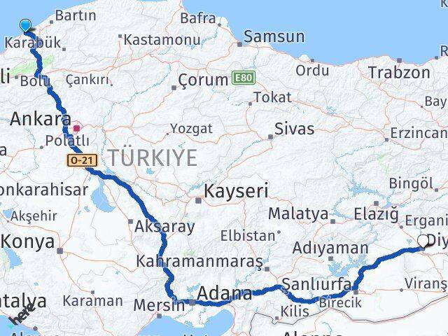 Zonguldak Yenişehir Diyarbakır Arası Kaç Km - Yol Haritası