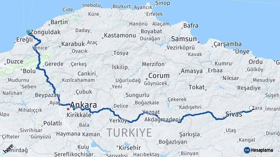 Zonguldak Zara Sivas Arası Kaç Km - Yol Haritası