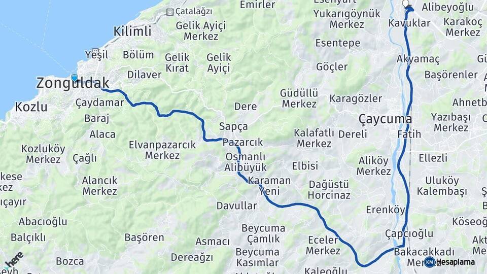 Zonguldak Zonguldak Çaycuma Havalimanı Arası Kaç Km - Yol Haritası